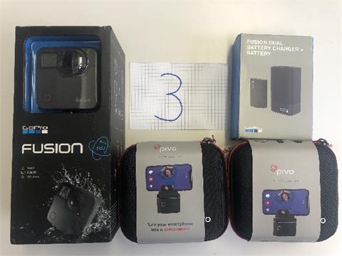 GoPro Fusion 360 in OVP und GoPro Fusion Dual Battery Charger+ Battery in OVP und 2x Pivo Silver Edition in OVP