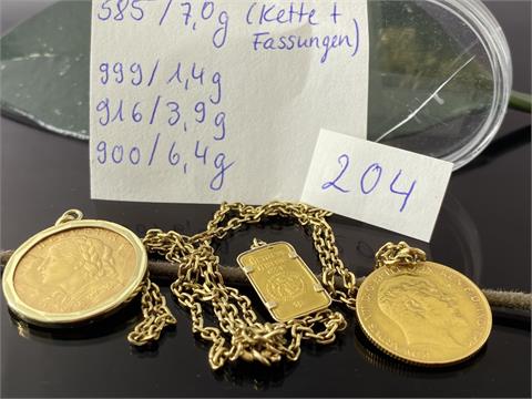 Goldschmuck mit Münzen, Barren und Nuggets