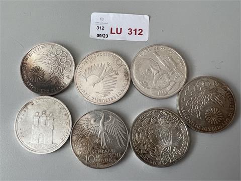 7x 10,00 DM Münzen (Ag625/- 108,47 gr.)