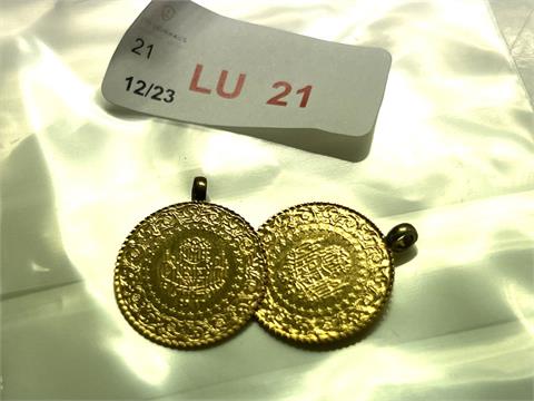 2 kleine arab. Münzen mit Doubleösen (916,66/- 3,60 gr.)